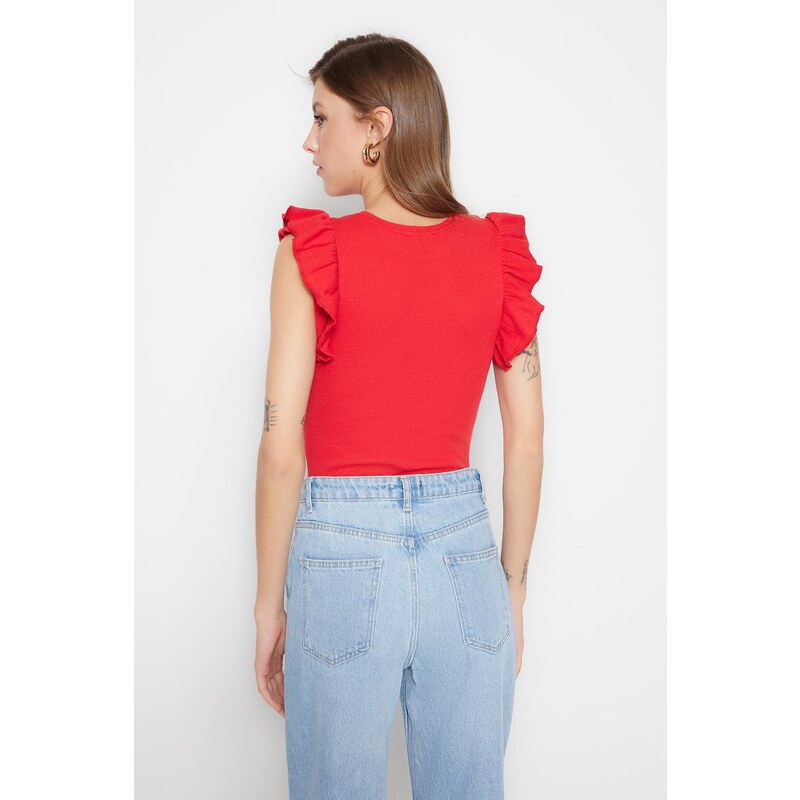 Trendyol Red Frill Detailed Corduroy Crew Neck Flexible Knitted Bodysuit