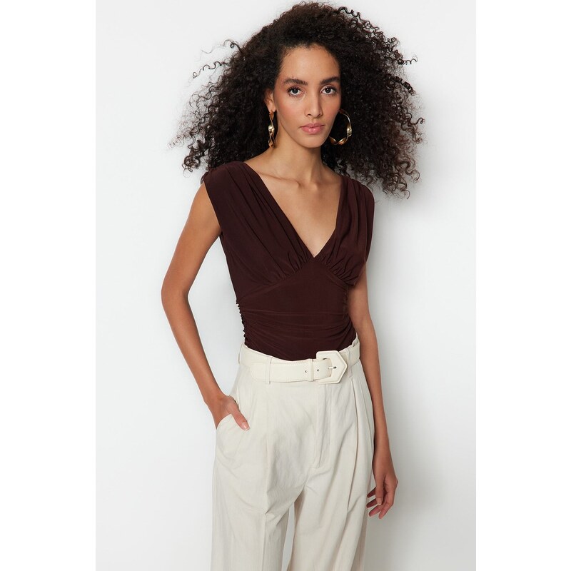 Trendyol Bitter Brown V-Neck Drape Detailed Fitted/Sleepy, Flexible Knitted Bodysuit