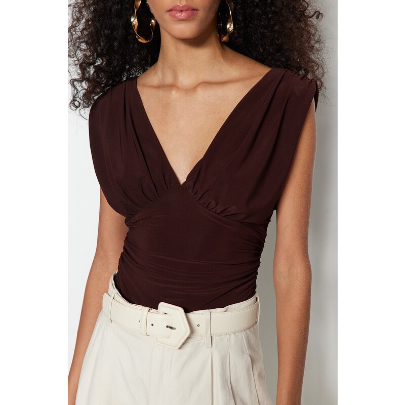 Trendyol Bitter Brown V-Neck Drape Detailed Fitted/Sleepy, Flexible Knitted Bodysuit