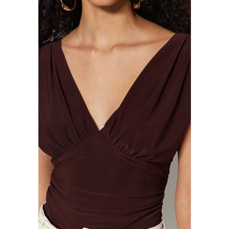 Trendyol Bitter Brown V-Neck Drape Detailed Fitted/Sleepy, Flexible Knitted Bodysuit