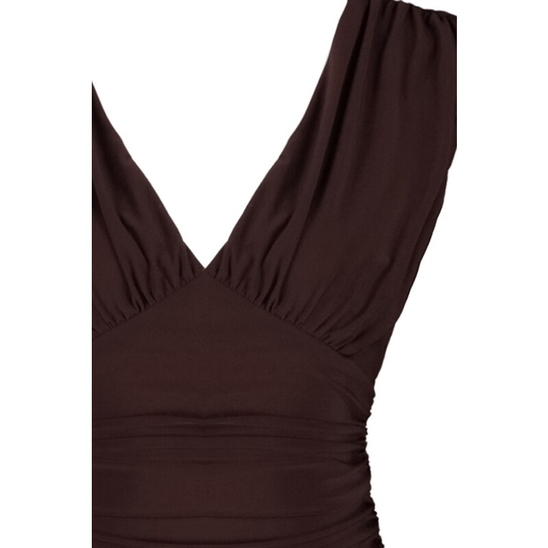 Trendyol Bitter Brown V-Neck Drape Detailed Fitted/Sleepy, Flexible Knitted Bodysuit