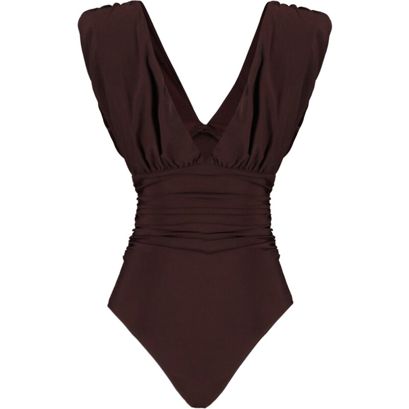 Trendyol Bitter Brown V-Neck Drape Detailed Fitted/Sleepy, Flexible Knitted Bodysuit