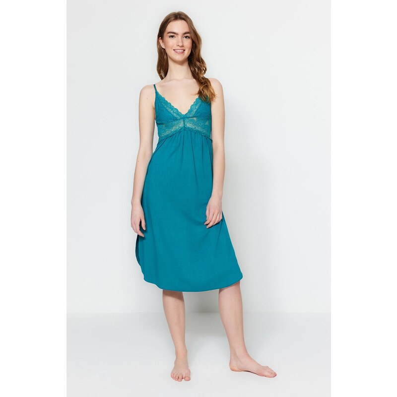 Trendyol Emerald Lace and Knitted Nightgown with Back Detail and a Slit