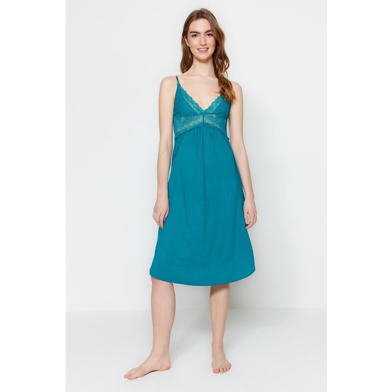 Trendyol Emerald Lace and Knitted Nightgown with Back Detail and a Slit