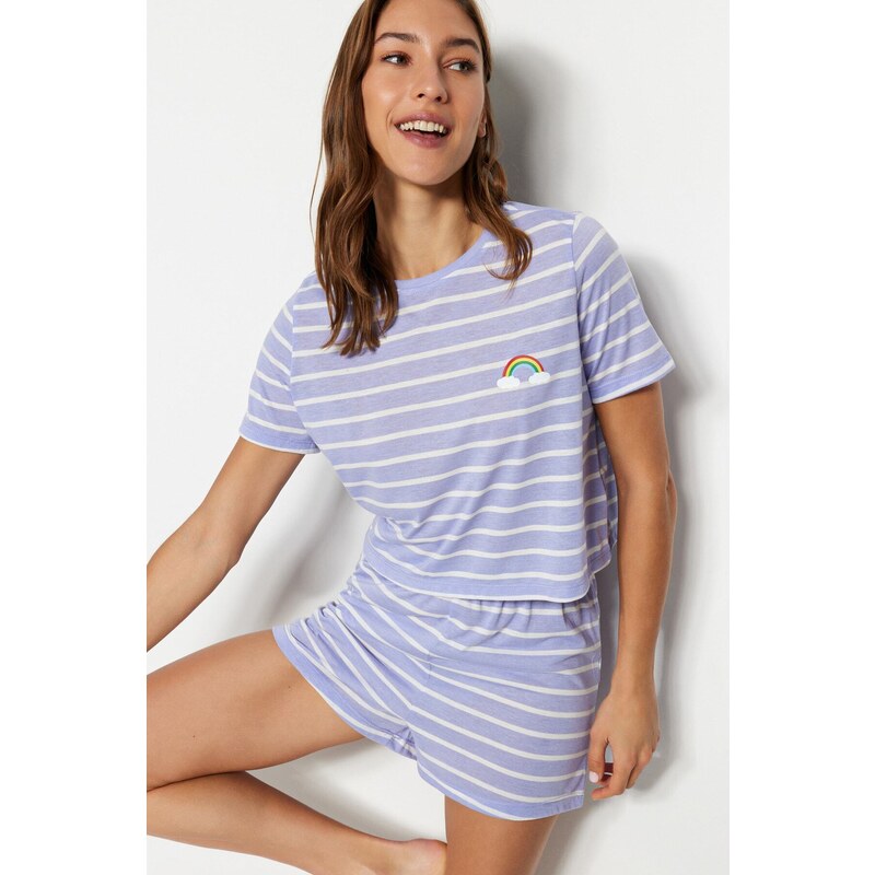 Trendyol Lilac Rainbow Printed T-shirt-Shorts Knitted Pajamas Set