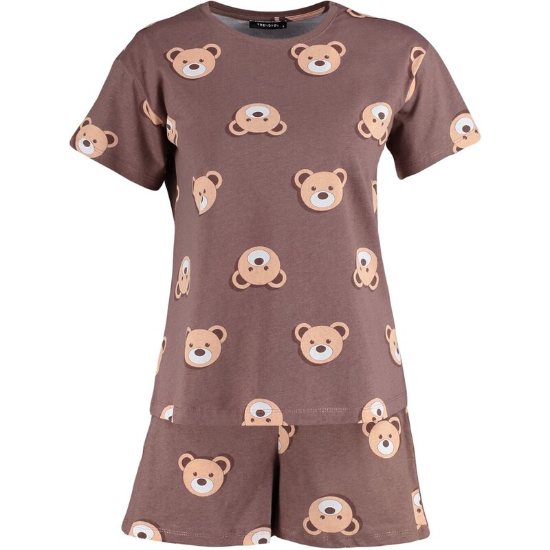 Trendyol Brown 100% Cotton Teddy Bear Patterned T-shirt-Shorts Knitted Pajamas Set