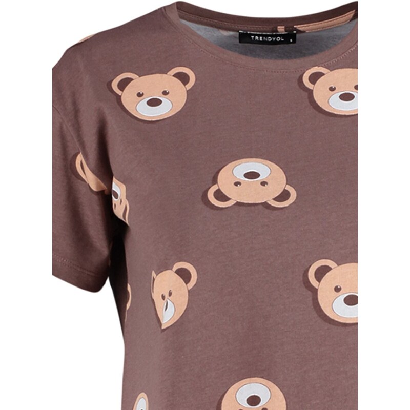 Trendyol Brown 100% Cotton Teddy Bear Patterned T-shirt-Shorts Knitted Pajamas Set