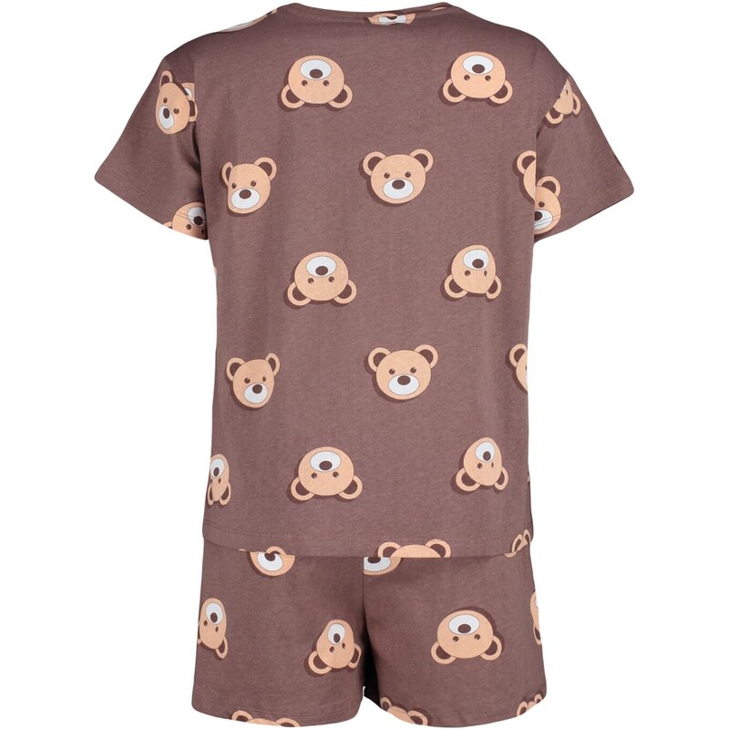 Trendyol Brown 100% Cotton Teddy Bear Patterned T-shirt-Shorts Knitted Pajamas Set