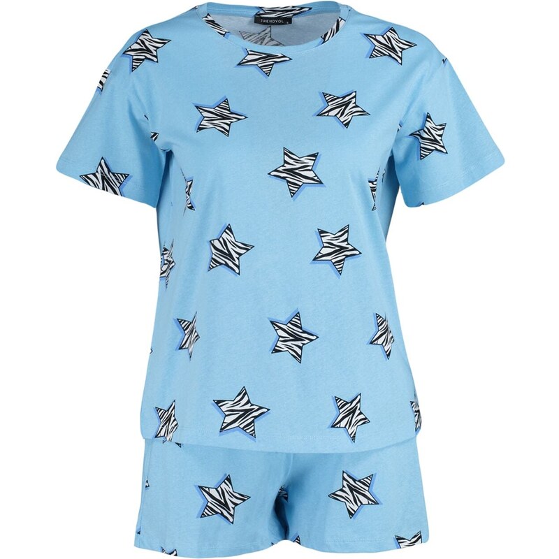 Trendyol Blue 100% Cotton Star Pattern T-shirt-Shorts Knitted Pajamas Set