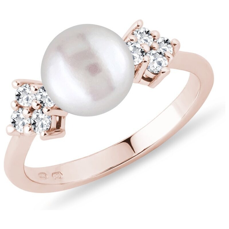 Perlový prsten s diamanty v růžovém 14k zlatě KLENOTA R6046004