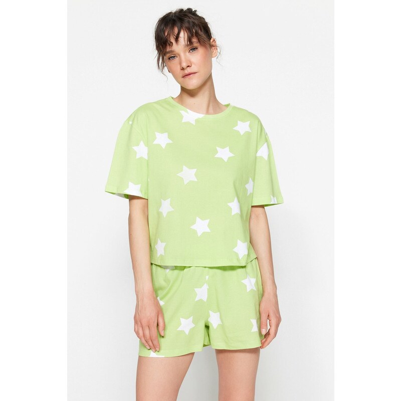 Trendyol Light Green 100% Cotton Star Patterned T-shirt-Shorts Knitted Pajamas Set