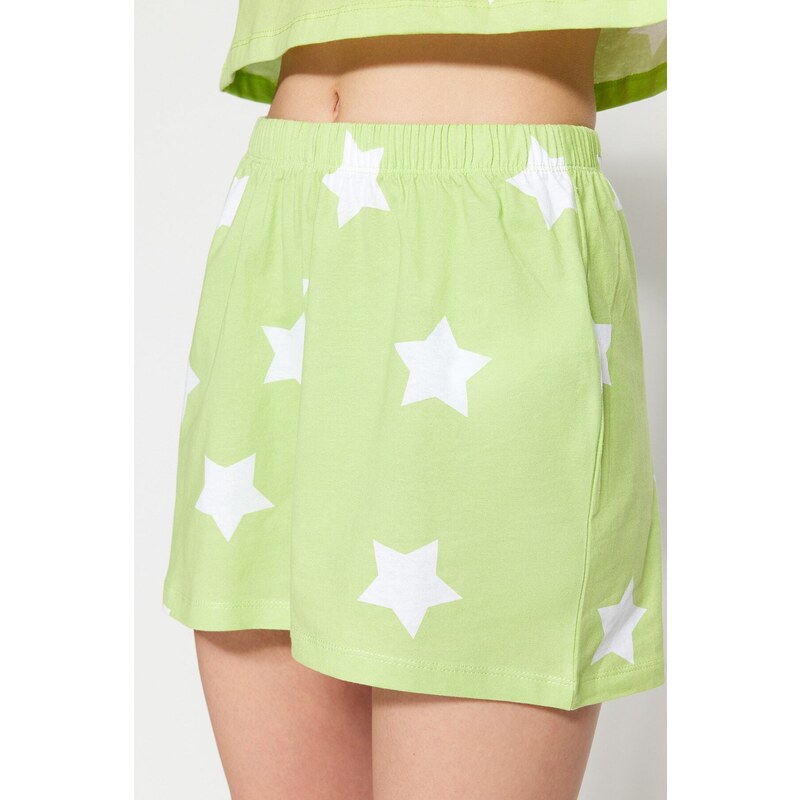 Trendyol Light Green 100% Cotton Star Patterned T-shirt-Shorts Knitted Pajamas Set