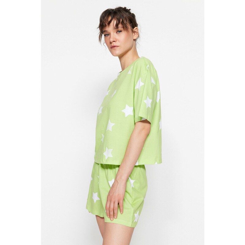 Trendyol Light Green 100% Cotton Star Patterned T-shirt-Shorts Knitted Pajamas Set