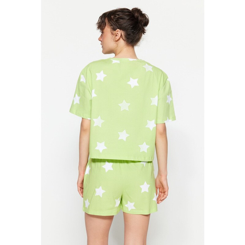 Trendyol Light Green 100% Cotton Star Patterned T-shirt-Shorts Knitted Pajamas Set