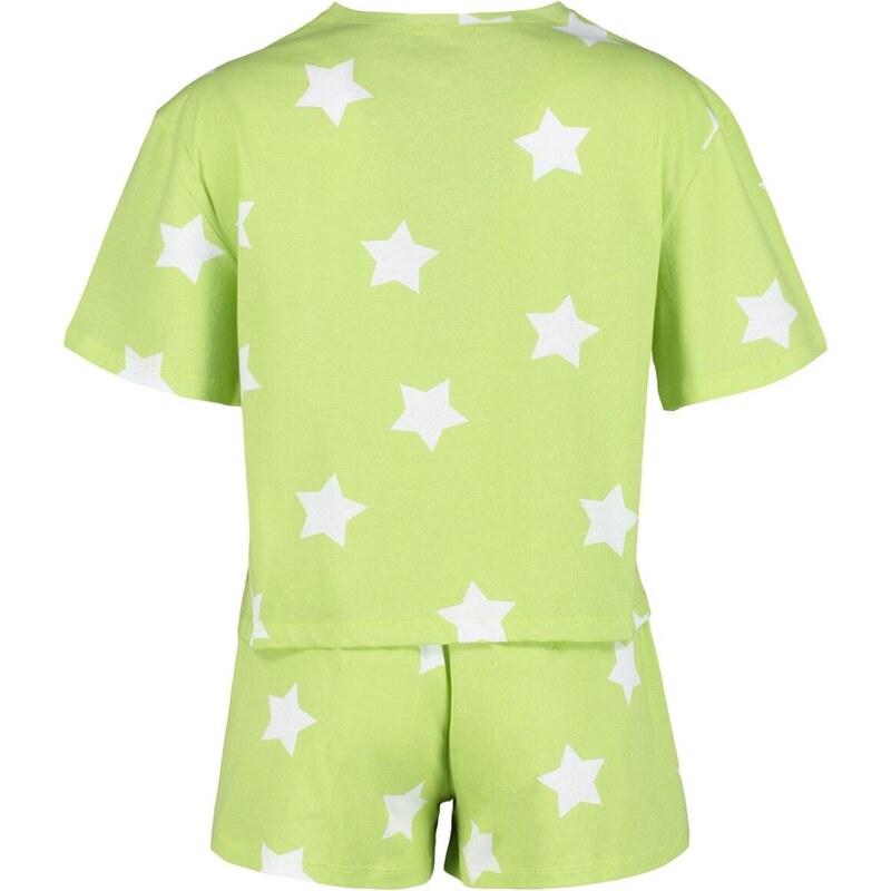 Trendyol Light Green 100% Cotton Star Patterned T-shirt-Shorts Knitted Pajamas Set