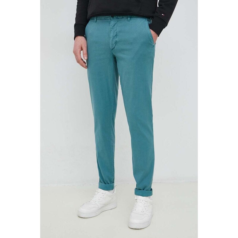Kalhoty s příměsí lnu Tommy Hilfiger zelená barva, ve střihu chinos