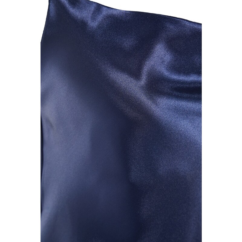 Trendyol Navy Blue Degajee Collar Back Detailed Satin Woven Nightgown