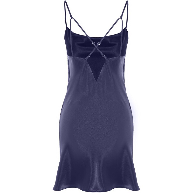 Trendyol Navy Blue Degajee Collar Back Detailed Satin Woven Nightgown