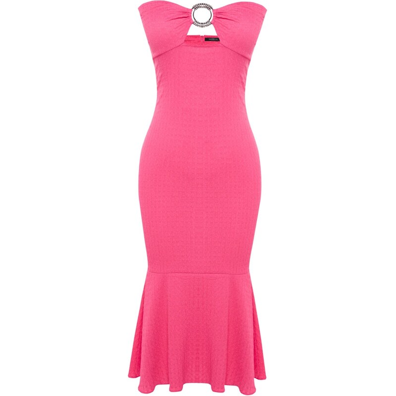 Trendyol Fuchsia Fitted Evening Dress with Knitted Texture