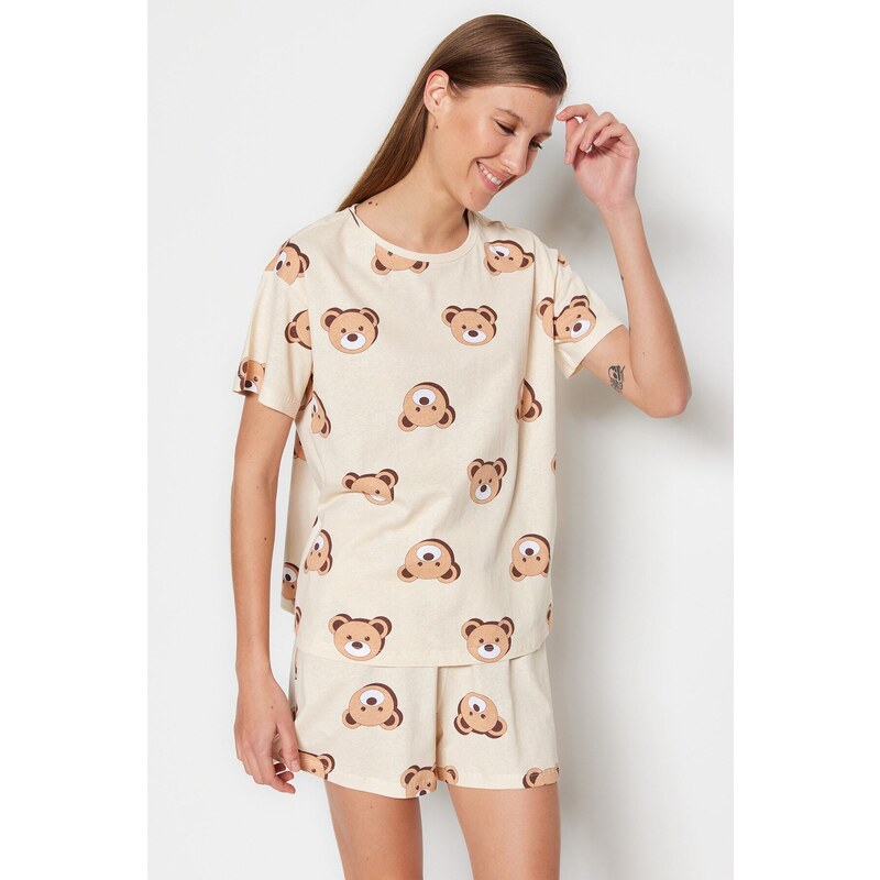 Trendyol Ecru 100% Cotton Teddy Bear Patterned T-shirt-Shorts Knitted Pajama Set
