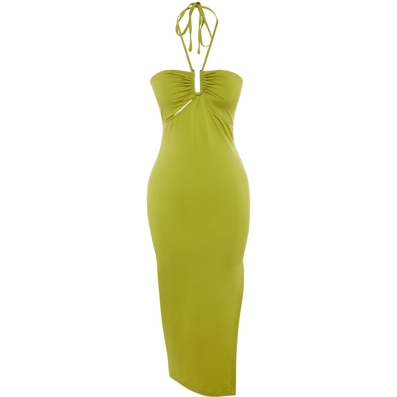 Trendyol Light Green Fitted Lined Elegant Evening Dress with Knitted Window/Cut Out Detail