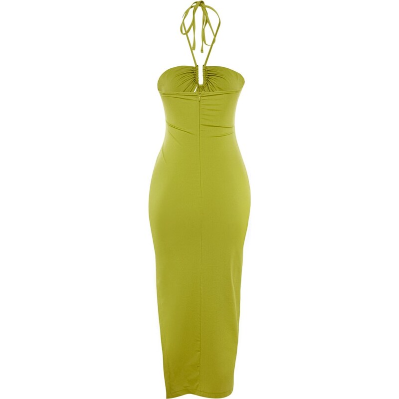 Trendyol Light Green Fitted Lined Elegant Evening Dress with Knitted Window/Cut Out Detail