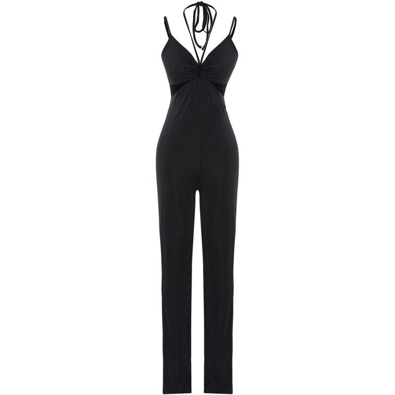 Trendyol Black Knitted Window/Cut Out Detail Shimmer Jumpsuit