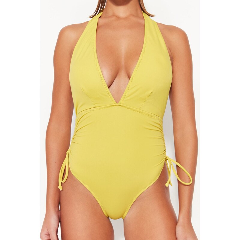 Trendyol Oil Green Deep-Decollete Pleated High Leg Swimsuit