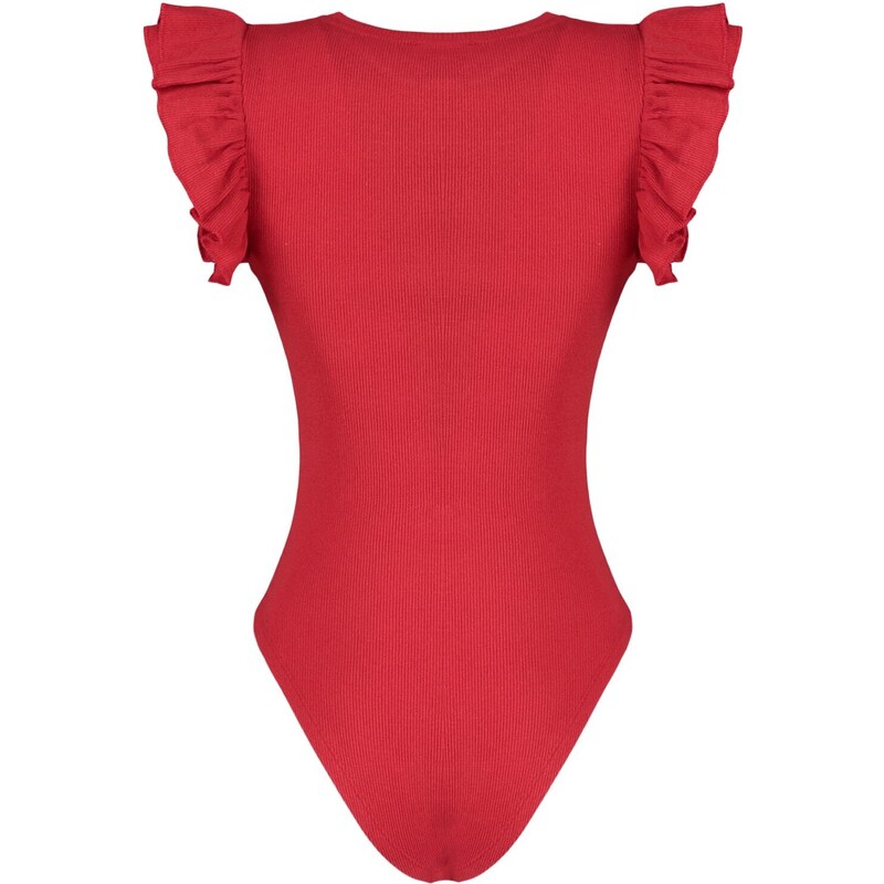 Trendyol Red Frill Detailed Corduroy Crew Neck Flexible Knitted Bodysuit