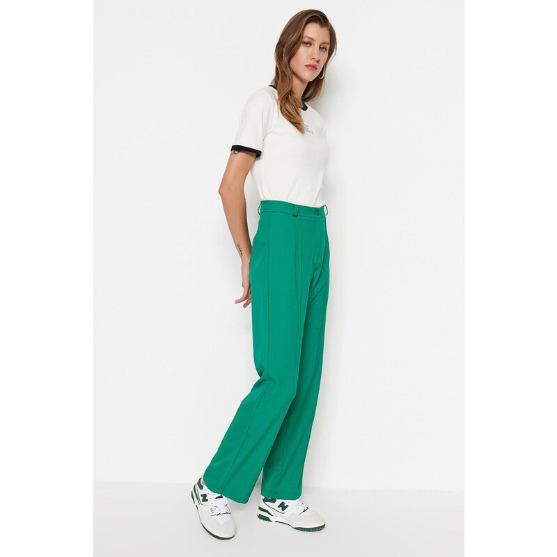 Trendyol Emerald Green Straight Cut Vysoký pas Žebrované prošívané tkané kalhoty