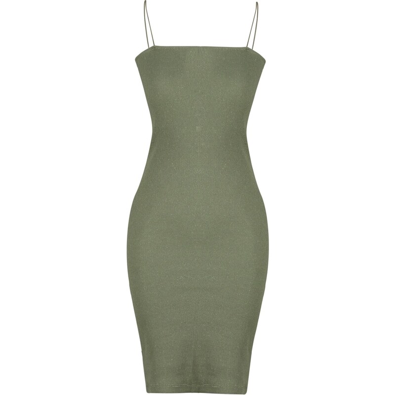 Trendyol Green Square Neck Spaghetti Straps Ribbed Flexible Fitted Mini Knitted Dress