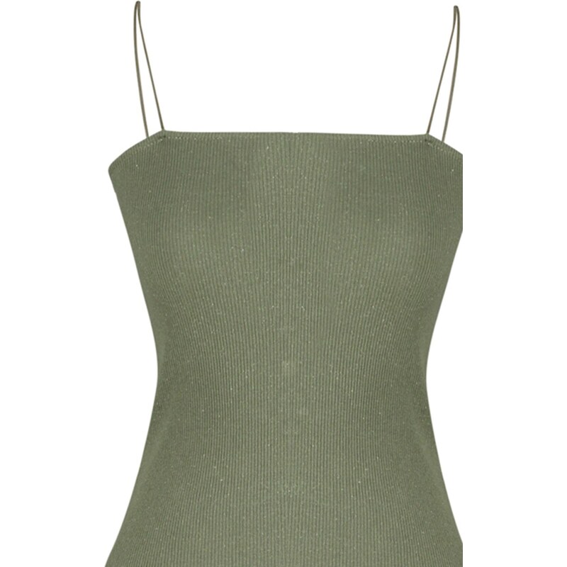 Trendyol Green Square Neck Spaghetti Straps Ribbed Flexible Fitted Mini Knitted Dress