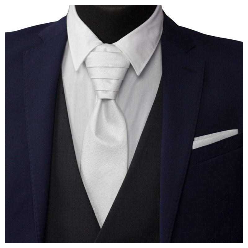 Quentino Bílo stříbrná svatební kravata s kapesníčkem - Regata