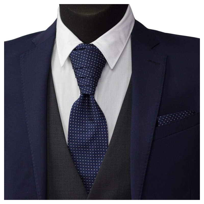 Quentino Tmavě modrá svatební kravata s kapesníčkem - Regata se stříbrnými trojúhelníčky