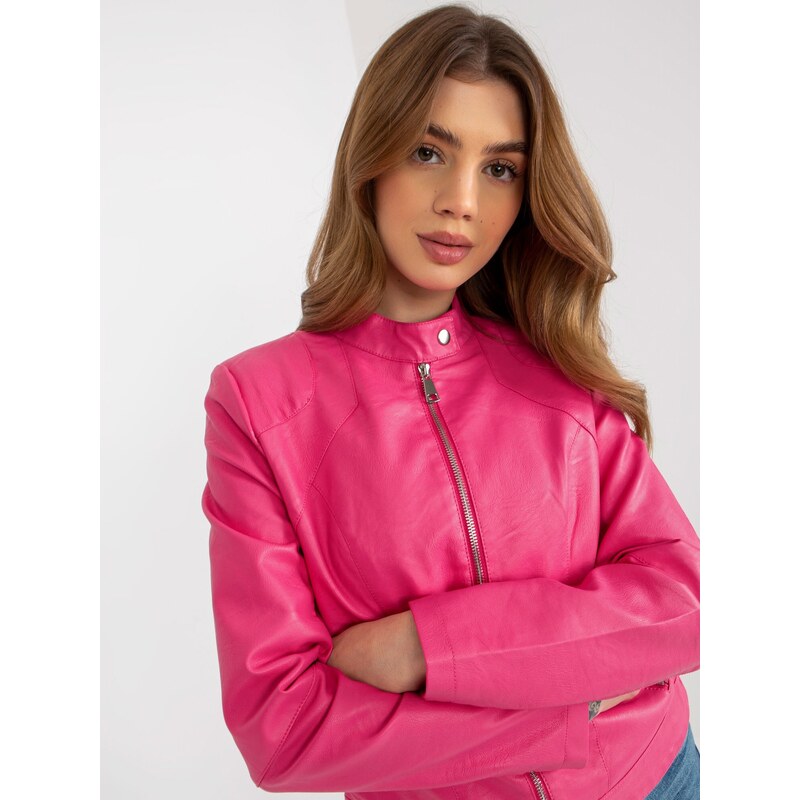 Fashionhunters Tmavě růžová dámská motorkářská bunda z umělé kůže s podšívkou