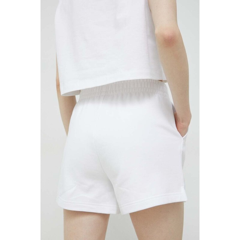 Bavlněné šortky HUGO bílá barva, s potiskem, high waist