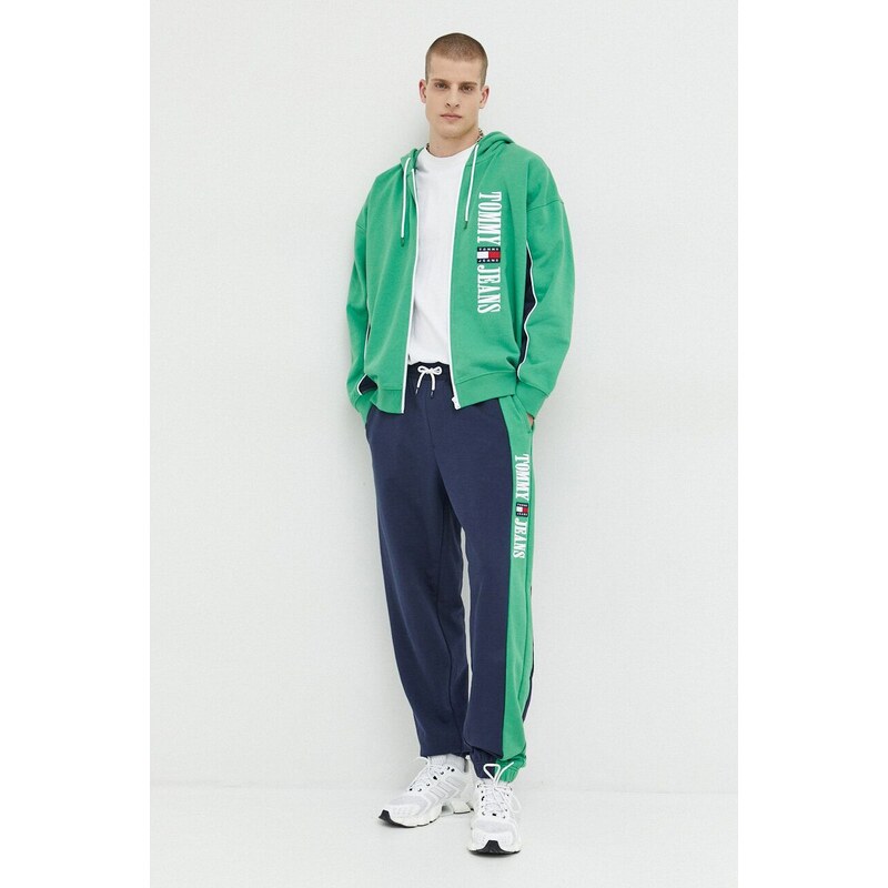 Mikina Tommy Jeans pánská, zelená barva, s kapucí, s aplikací