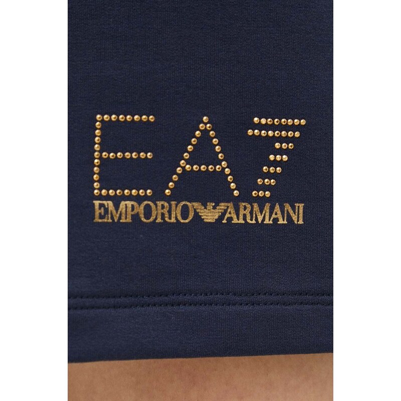 Kraťasy EA7 Emporio Armani dámské, tmavomodrá barva, hladké, medium waist