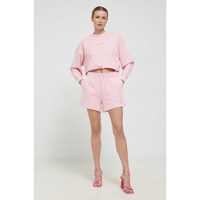 Bavlněné šortky HUGO růžová barva, s potiskem, high waist