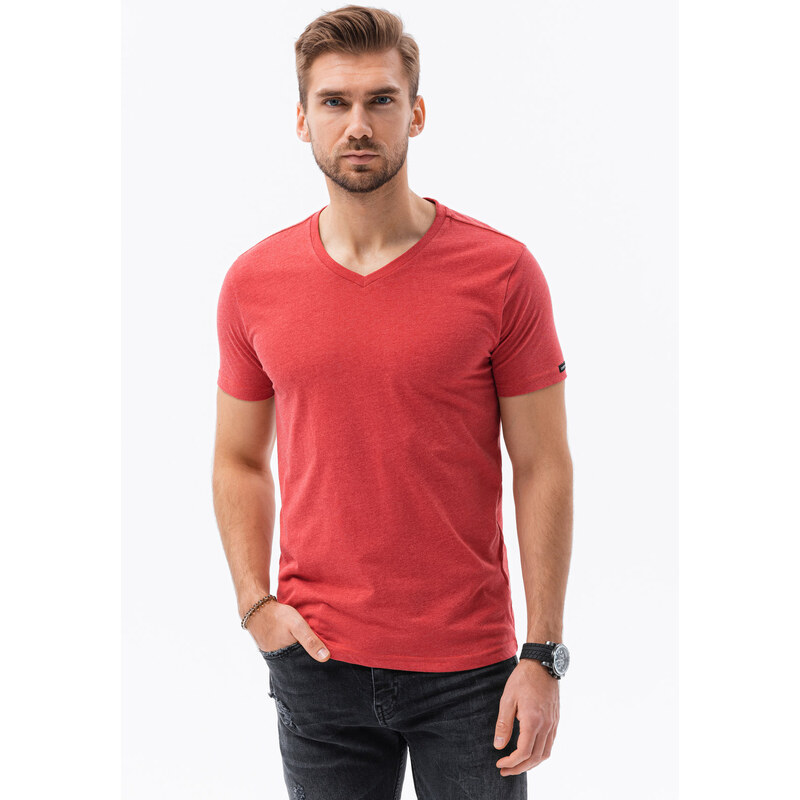 Ombre Clothing Pánské klasické tričko BASIC s výstřihem do V - červená melanž V17 S1369