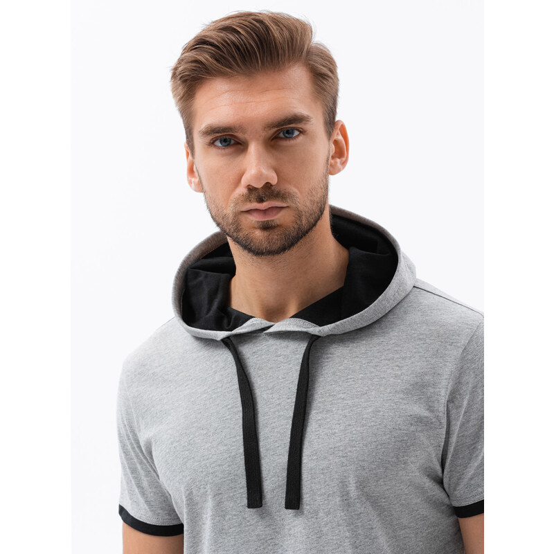 Ombre Clothing Pánské tričko s kapucí - žíhaná šedá S1376