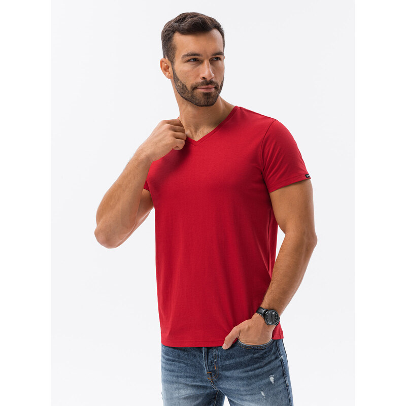 Ombre Clothing Pánské tričko Classic BASIC s výstřihem - červené V14 S1369