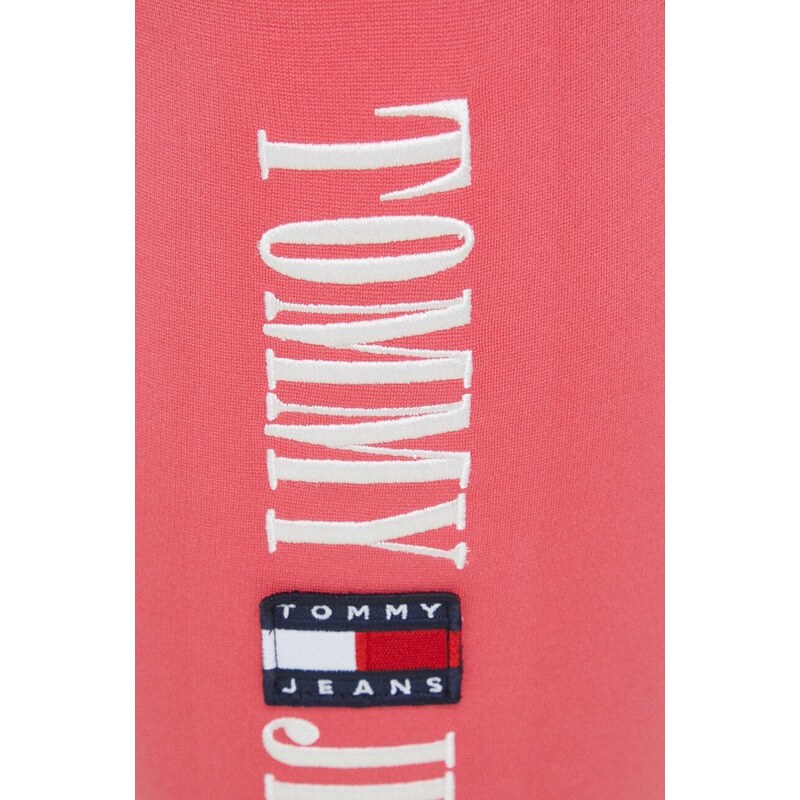 Kraťasy Tommy Jeans dámské, růžová barva, s aplikací, high waist