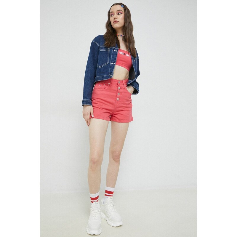 Džínové šortky Tommy Jeans dámské, růžová barva, hladké, high waist