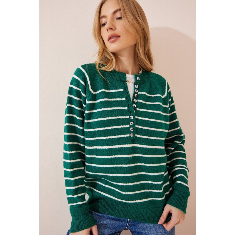 Happiness İstanbul Women's Dark Green Ecru Buttoned Collar Knitwear Sweater