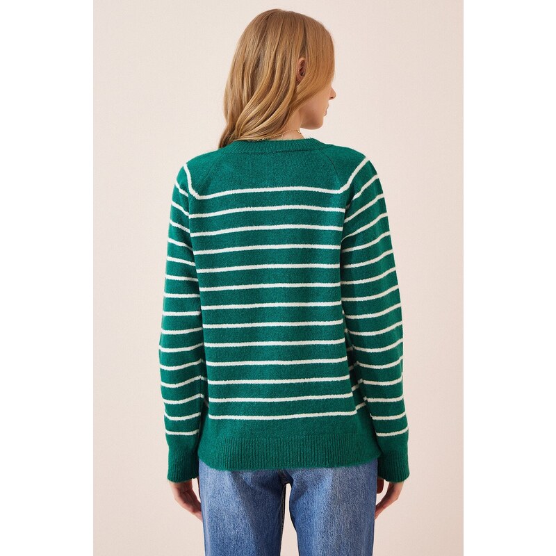 Happiness İstanbul Women's Dark Green Ecru Buttoned Collar Knitwear Sweater