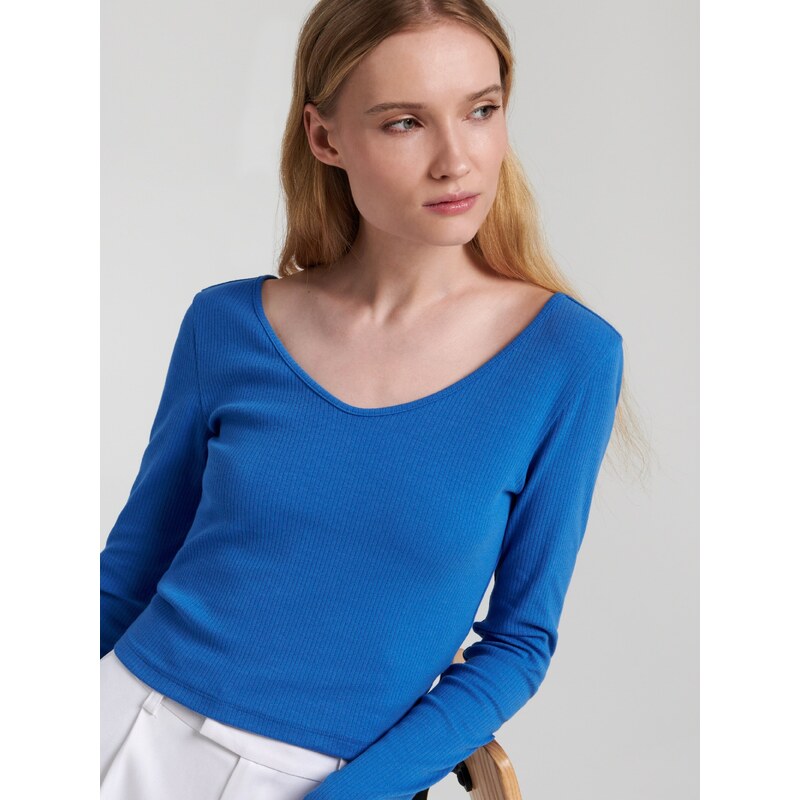 Sinsay - Tričko s dlouhými rukávy a vysokým podílem bavlny - modrá