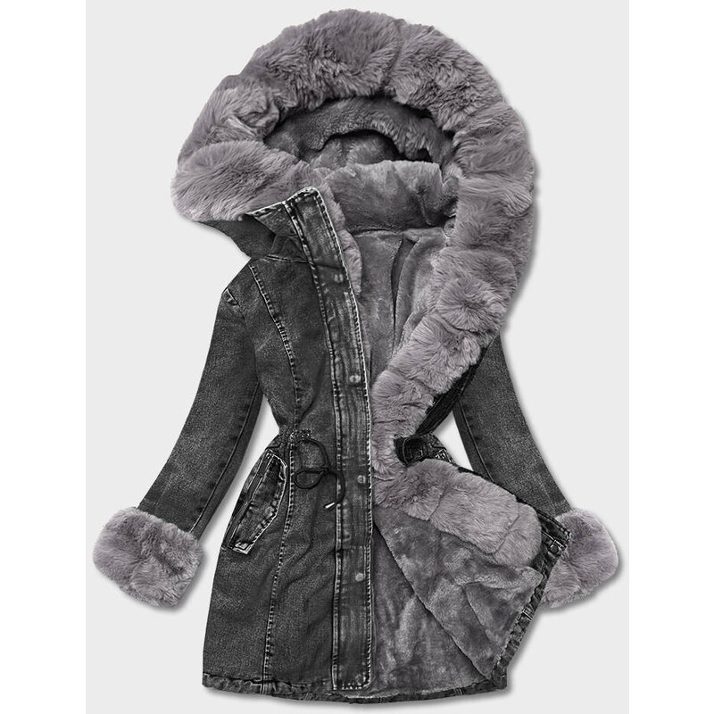 S'WEST Černo/šedá dámská džínová bunda s kožešinovou podšívkou (B8068-109)