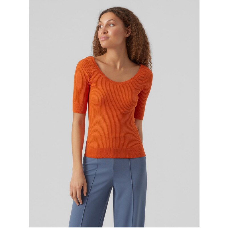 Oranžové dámské žebrované basic tričko VERO MODA Estela - Dámské