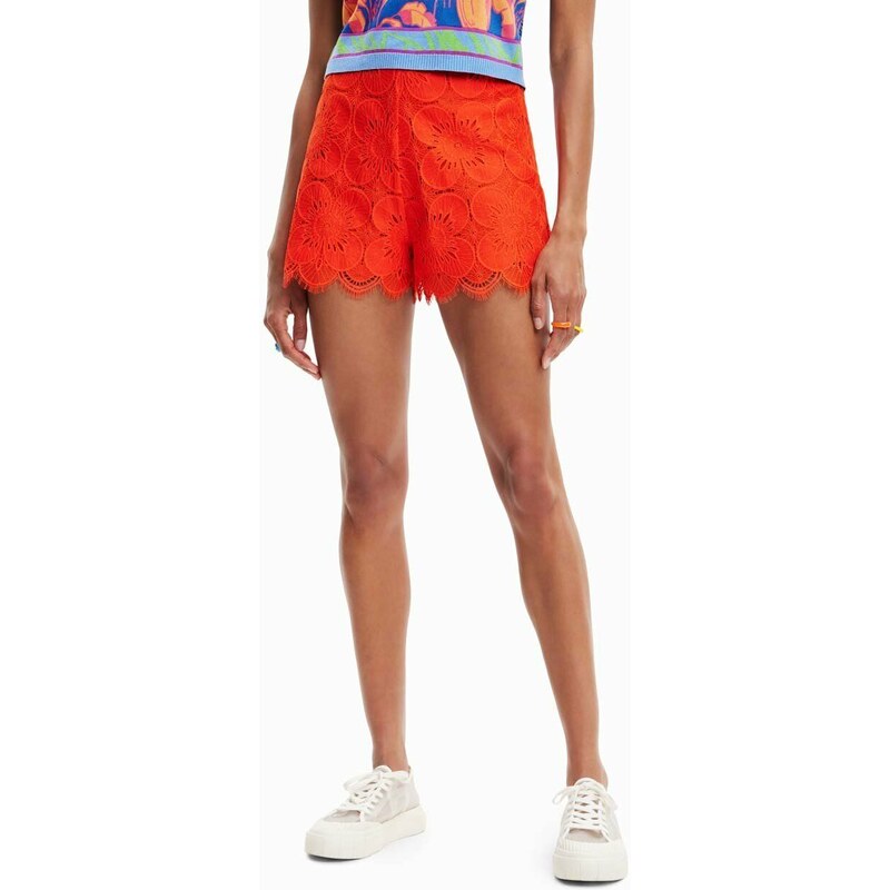 Kraťasy Desigual dámské, červená barva, hladké, high waist